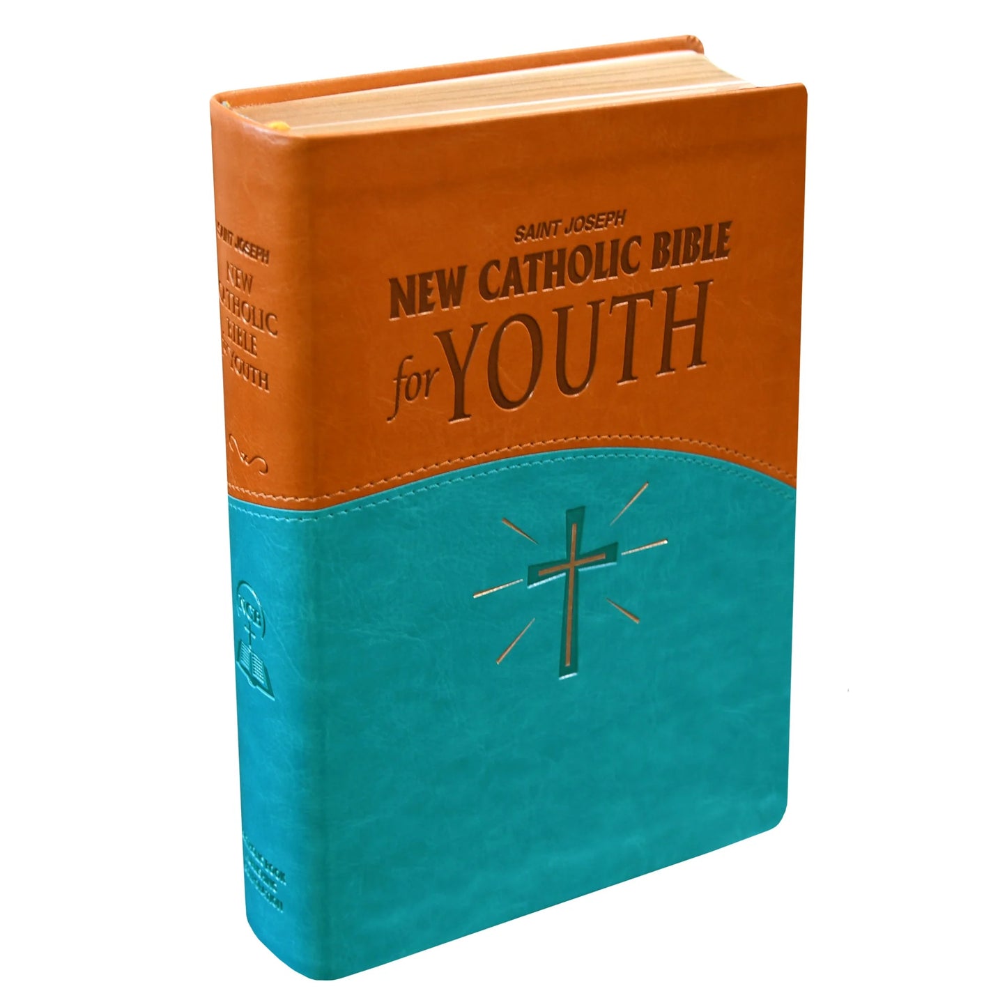 New Catholic Bible for Youth with brown and teal cover, embossed cross design, and reader-friendly edition