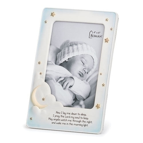 8-inch photo frame with "Now I Lay Me Down to Sleep" prayer, featuring moon and stars design for newborn keepsakes.