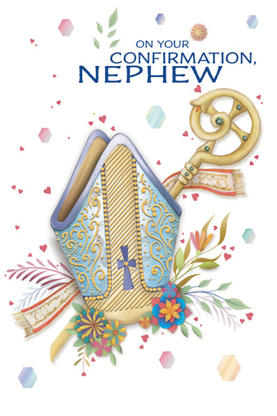 4 5/8" x 6 3/4" Confirmation card for nephew with gold foil bishop’s mitre, crozier, and floral embossed design