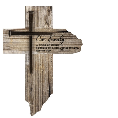 Rustic wooden wall plaque shaped like a cross with nails and "Our Family" faith and love scripture text