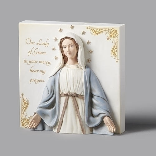 Our Lady of Grace table plaque 4.5" high with prayer inscription and decorative gold corner accents.