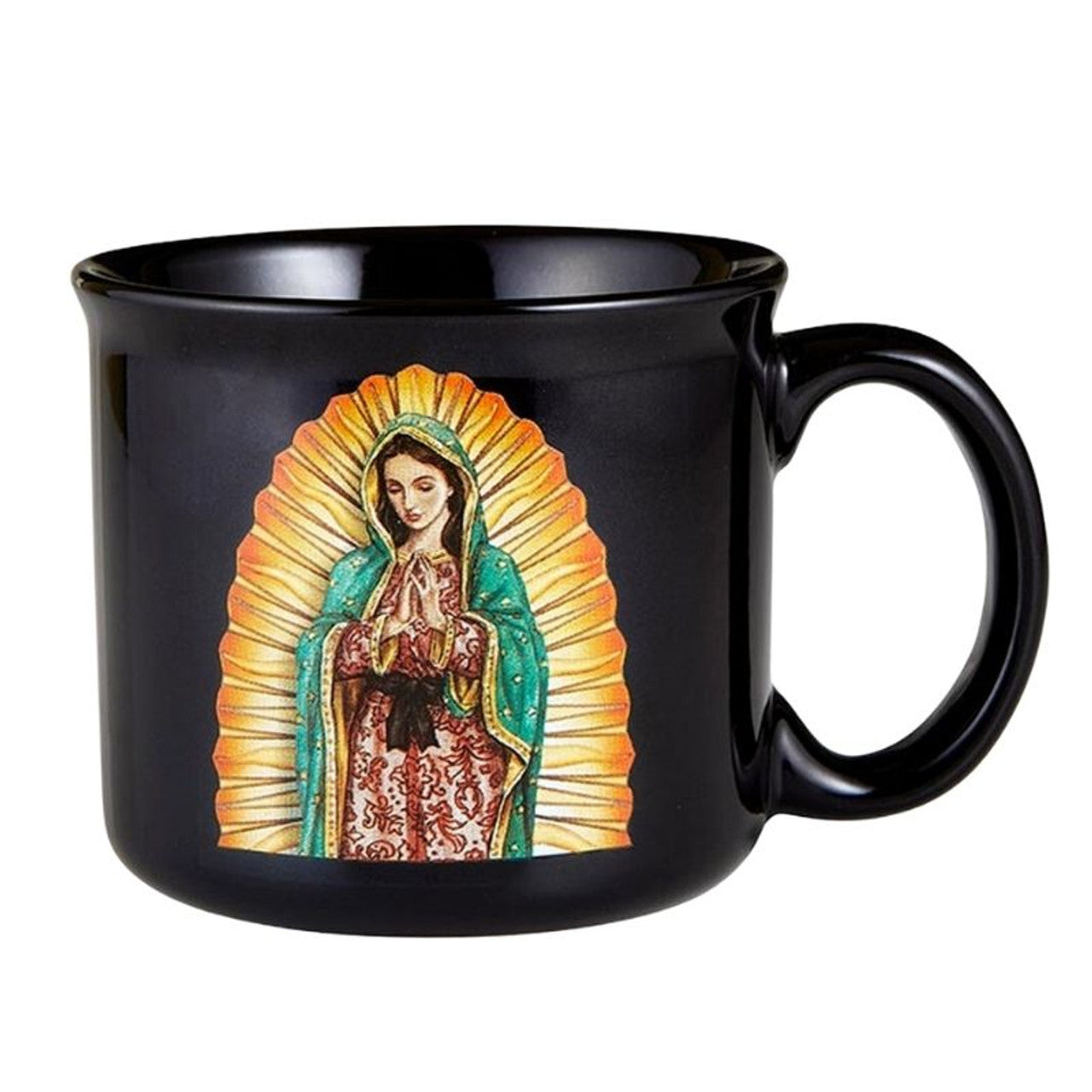 Black gift mug featuring Our Lady of Guadalupe artwork by Michael Adams with devotional prayer on back
