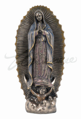 9 1/2" bronze Our Lady of Guadalupe statue with detailed robe and radiant aureole, standing on angel and cloud base