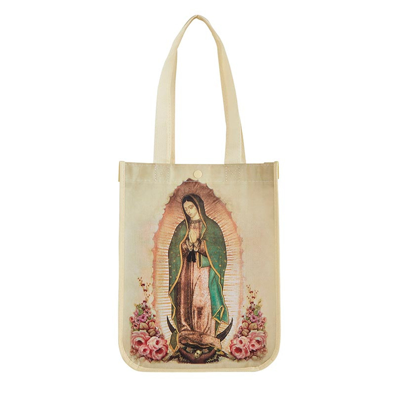 Small eco-friendly tote bag featuring vibrant Our Lady of Guadalupe image with floral accents and beige handles