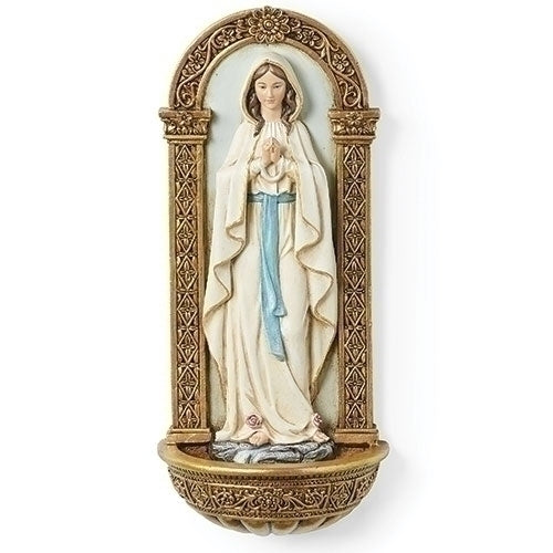 Our Lady of Lourdes Holy Water Font 7.25" with detailed arch frame and praying Virgin Mary in white and blue robes