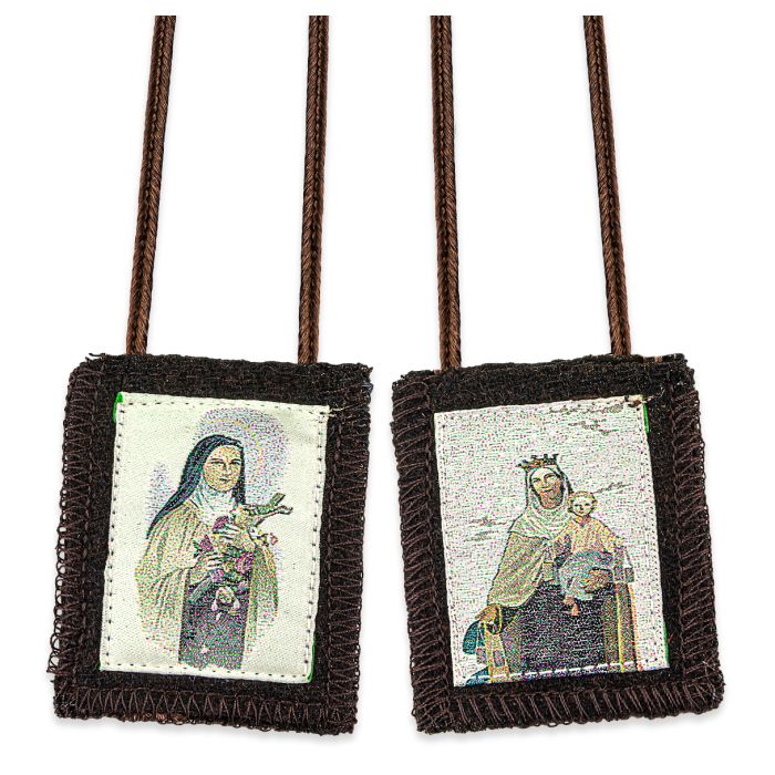 Brown wool scapular with images of St. Therese and Our Lady of Mt. Carmel, 1 3/4" by 2", with brown cord