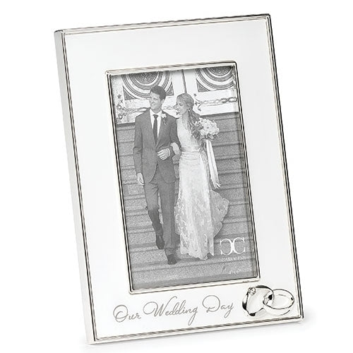 Elegant Our Wedding Day photo frame with intertwined rings detail and silver finish, 8 1/4 inches tall
