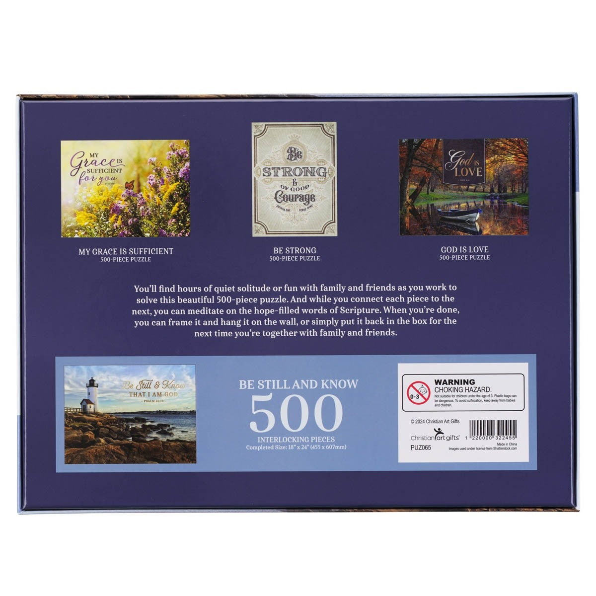 Back of puzzle box showing five inspirational Christian puzzle designs including "Be Still and Know" 500-piece set