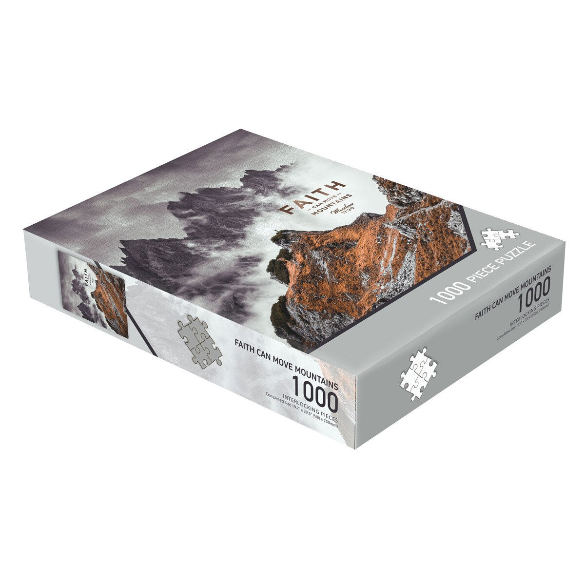 Box of Faith Can Move Mountains 1000-piece puzzle featuring mountainous landscape and Matthew 17:20 scripture text
