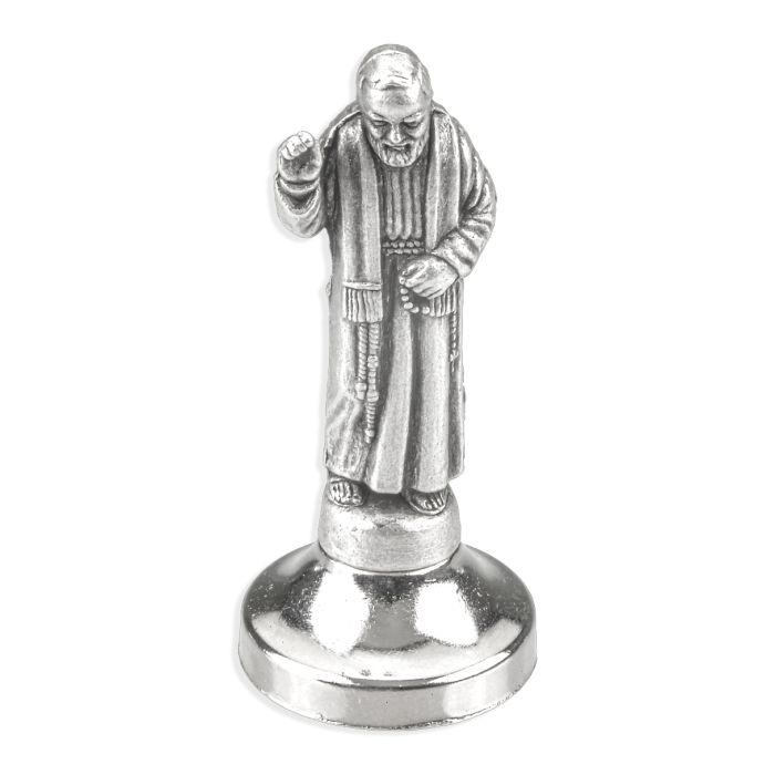 2" Padre Pio auto statue in antique silver finish with magnetic and adhesive base, made in Italy