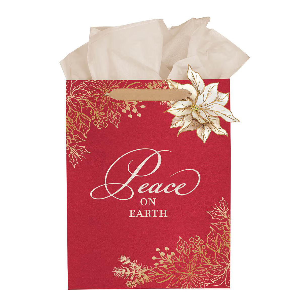 Cinnamon-red medium gift bag with gold poinsettia and foliage design and "Peace on Earth" text with white tissue paper