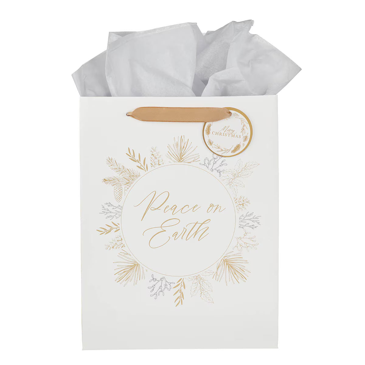 White gift bag with gold pine branch wreath and "Peace on Earth" script, tan handle, and matching round gift tag