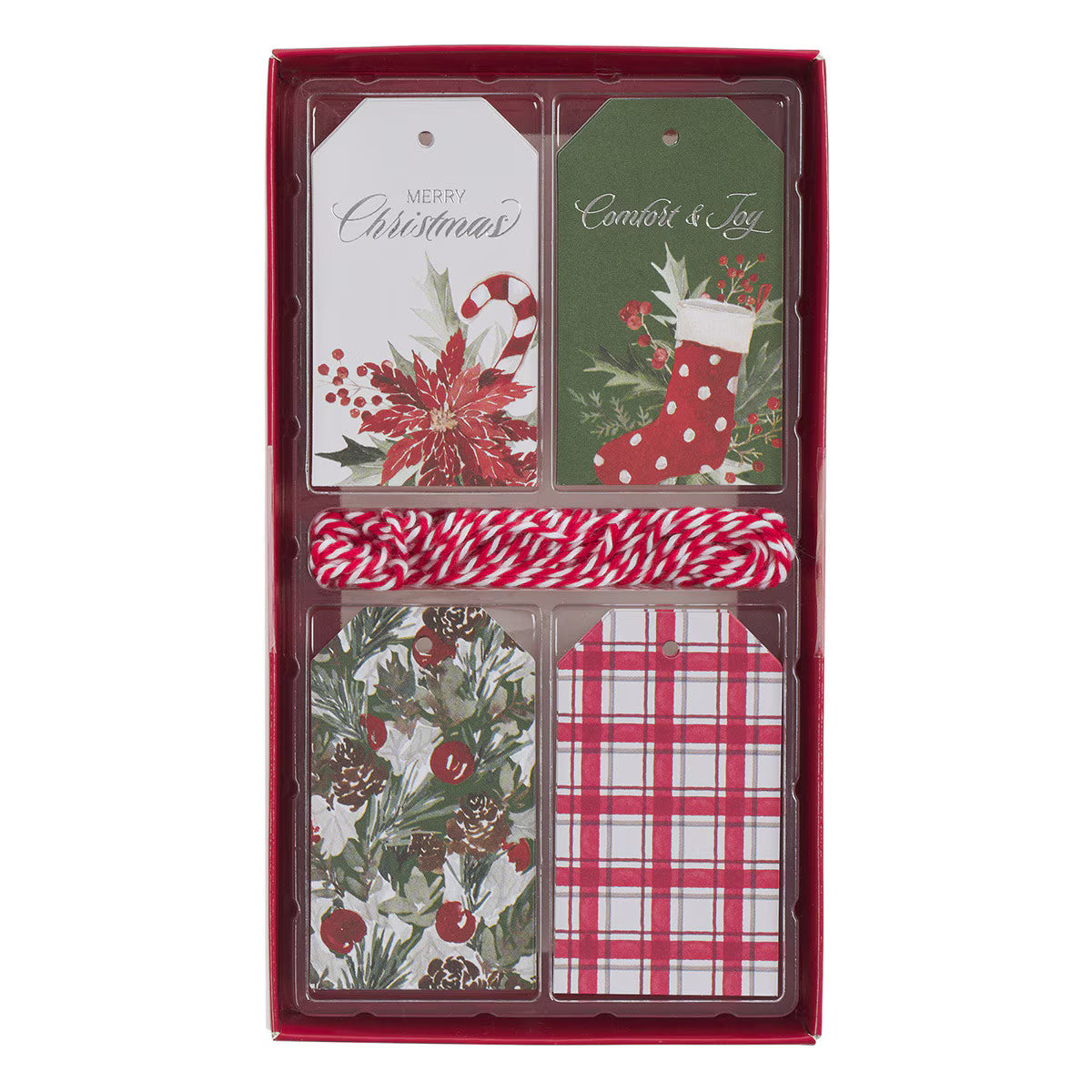 Set of four festive Christmas gift tags with poinsettia, holly, stocking, and plaid designs with red and white twine