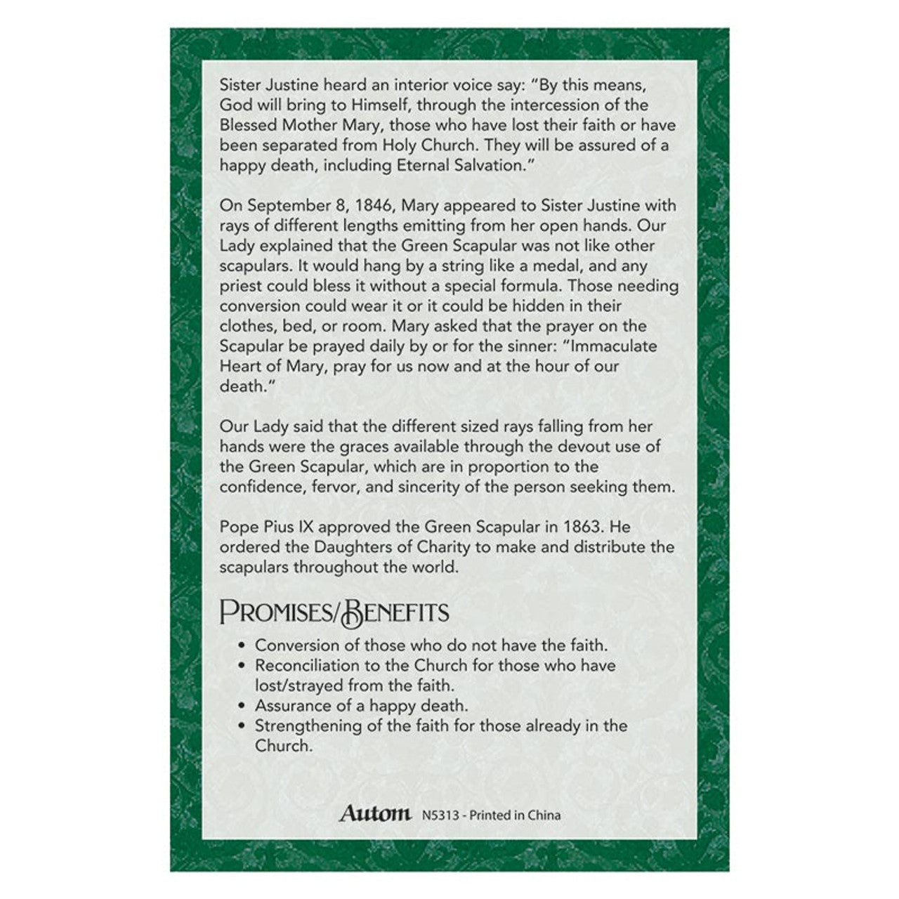 Two-sided card explaining the history, promises, and prayers of the cordless Green Scapular with green border