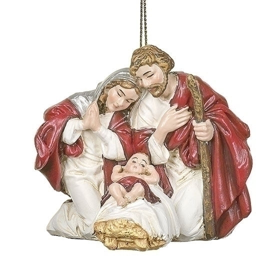 3" Red Holy Family ornament in stone resin with detailed depiction of Mary, Joseph, and baby Jesus in vibrant red robes