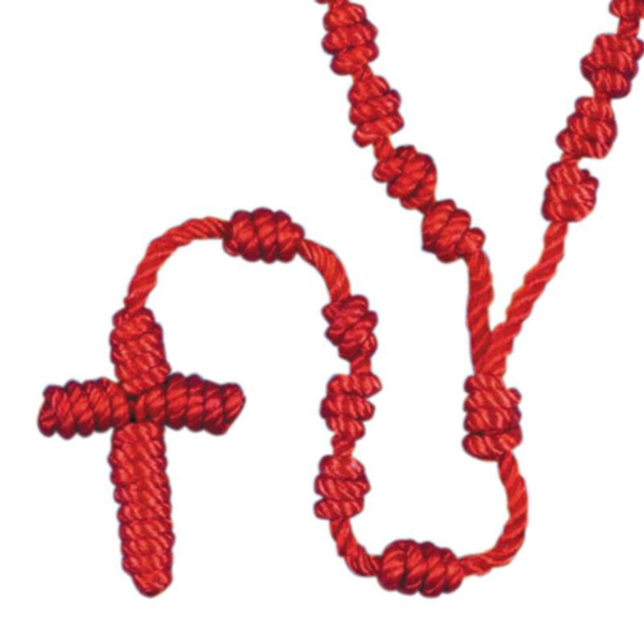 Red knotted cord rosary with handcrafted knots and cross, designed for daily prayer and easy carrying.