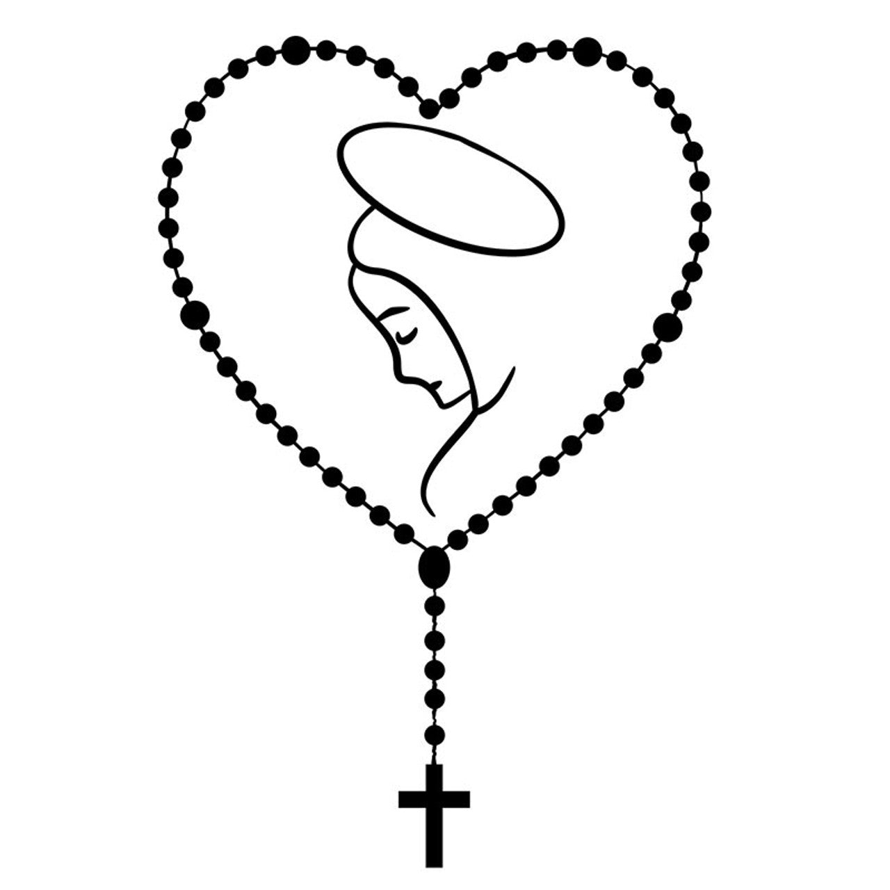 Rosary heart-shaped auto decal featuring a silhouette of Mary with a halo, black weather-resistant vinyl design