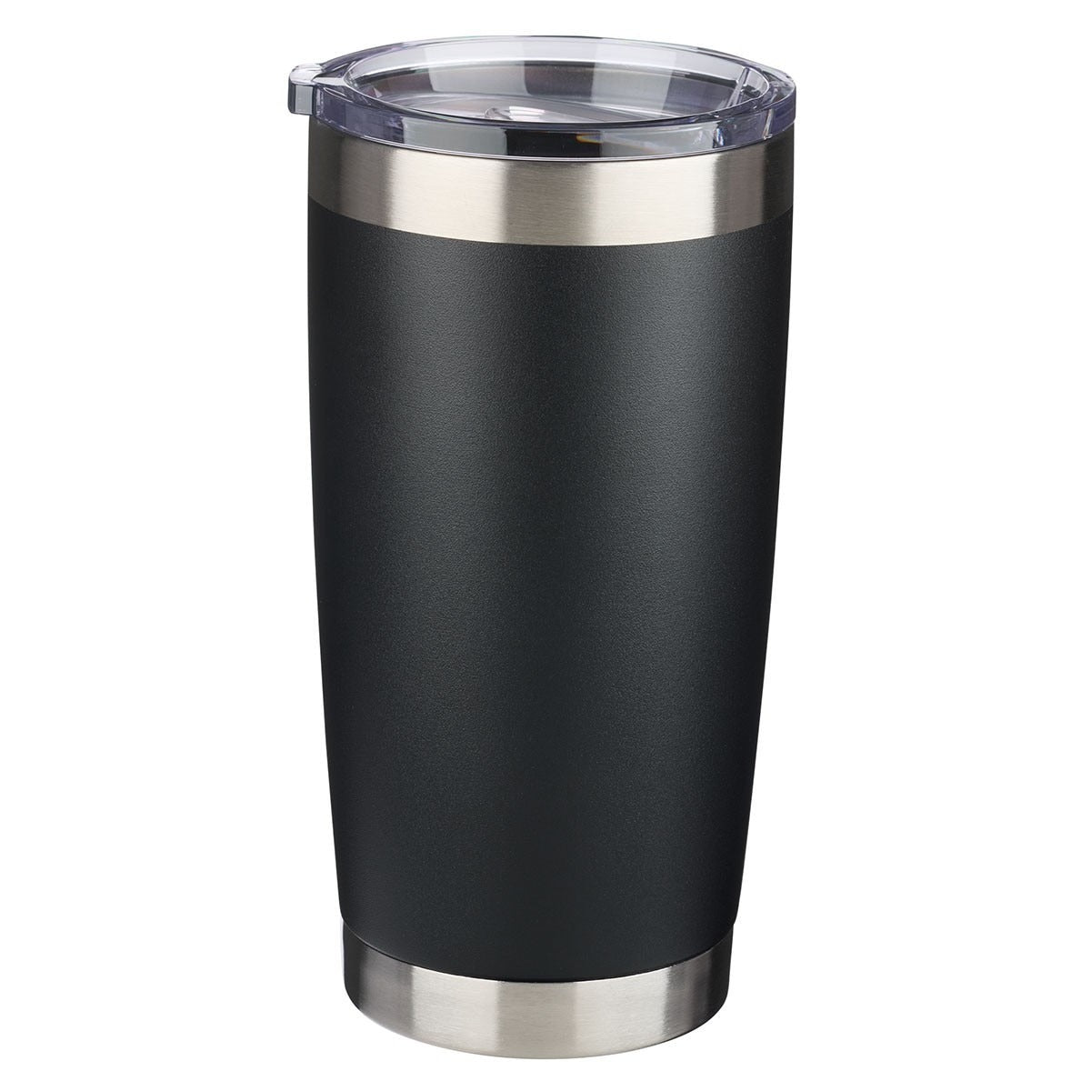 Matte black stainless steel travel mug with clear lid and silver rim against white background