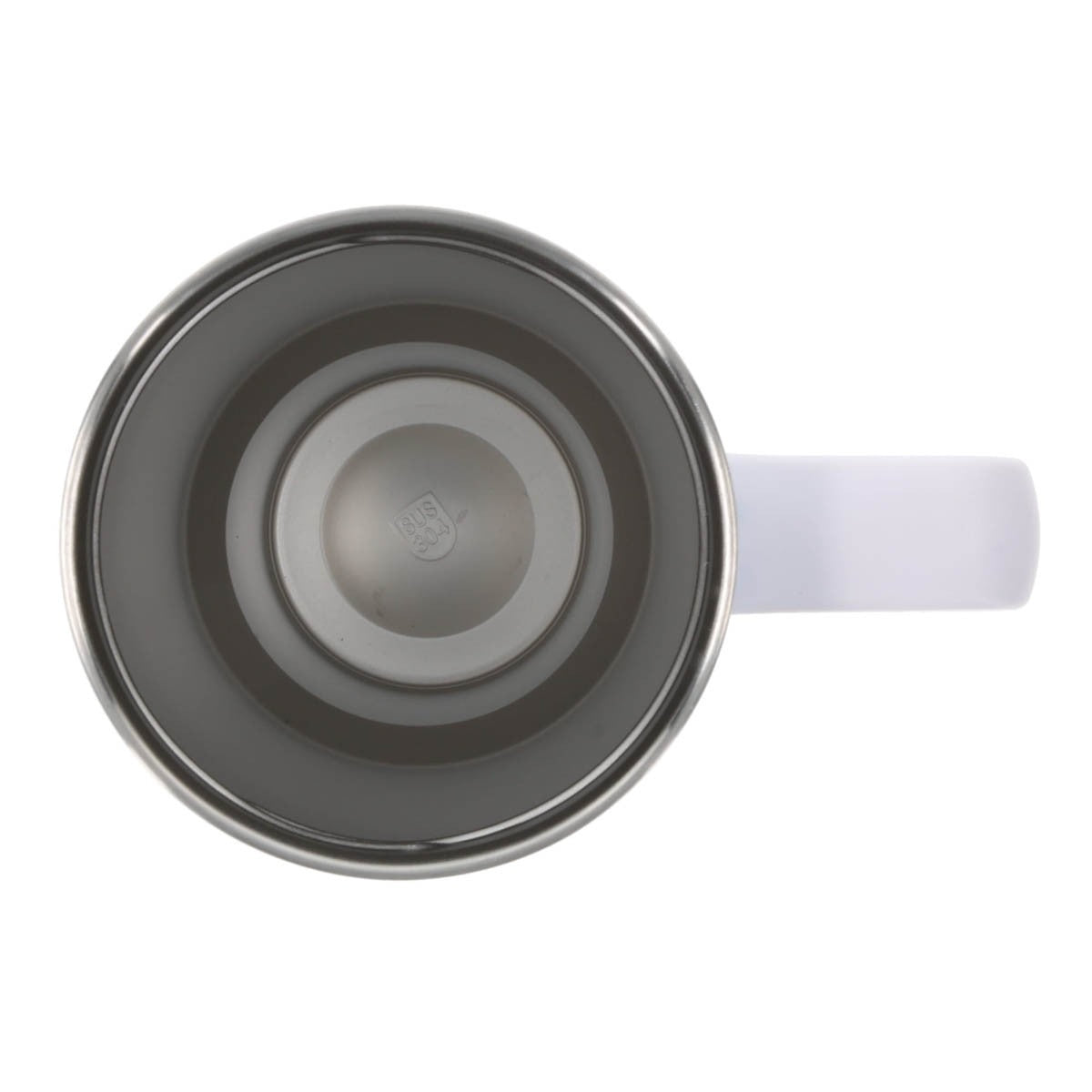 Top view of empty stainless steel travel tumbler with white handle and smooth interior surface