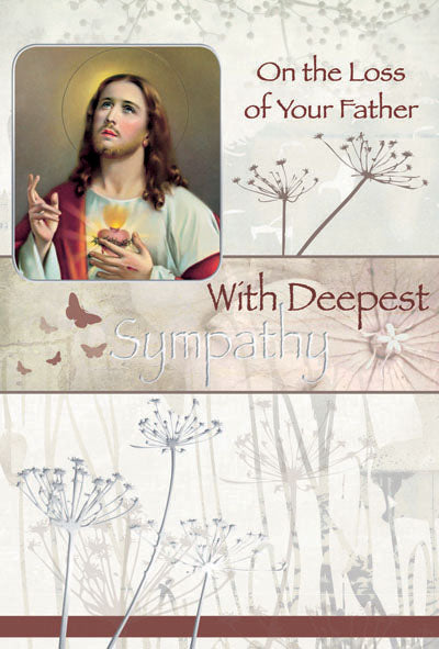 4 5/8" x 6 3/4" sympathy card with image of Jesus, silver foil accents, and message for loss of father