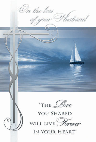 4 5/8" x 6 3/4" sympathy card with embossed cross, calm seascape, sailboat, and gold foil remembrance message for husband loss