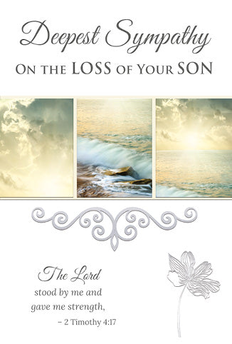 4 5/8" x 6 3/4" sympathy card with gold foil, ocean imagery, scripture from 2 Timothy 4:17, and floral embossing