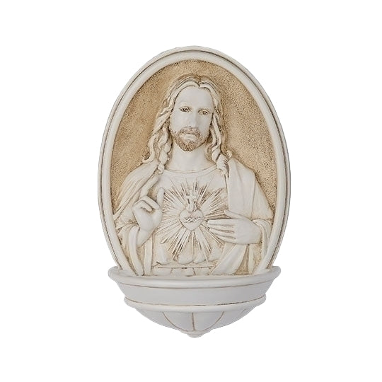8" white stone resin Sacred Heart Holy Water Font with detailed Jesus figure and radiant heart design