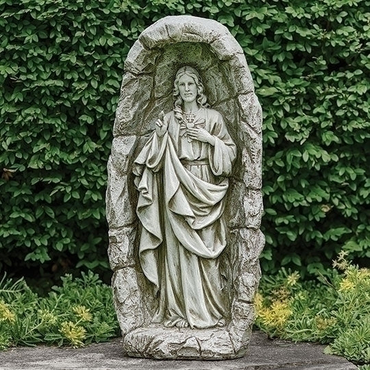 Sacred Heart Solar Outdoor Garden Statue 18 3/4" in distressed white and gray with stone grotto design for outdoor faith decor
