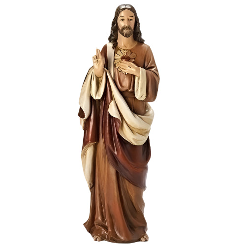 18" Sacred Heart of Jesus statue with brown and cream robes, hand raised in blessing, detailed facial features