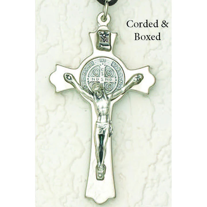 3" Saint Benedict silver tone crucifix with black tone cross, detailed corpus, and silver tone medal, made in Italy