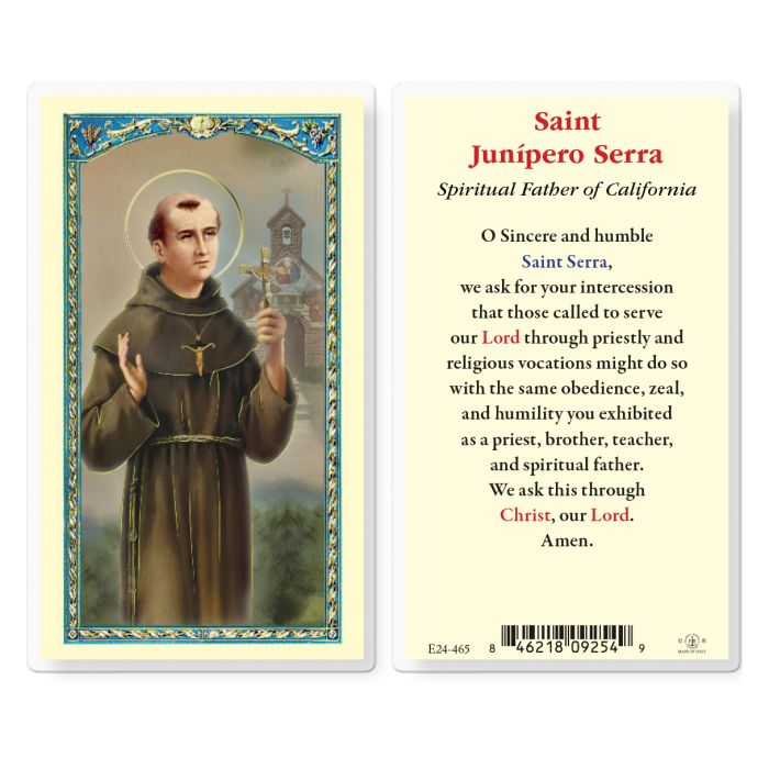 2.5" x 4.5" Saint Junipero Serra holy card by Fratelli Bonella with prayer and detailed saint image framed in blue and gold accents