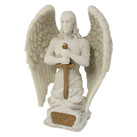 9" Saint Michael the Archangel prayer statue in white marble design with gold-accented sword and detailed wings