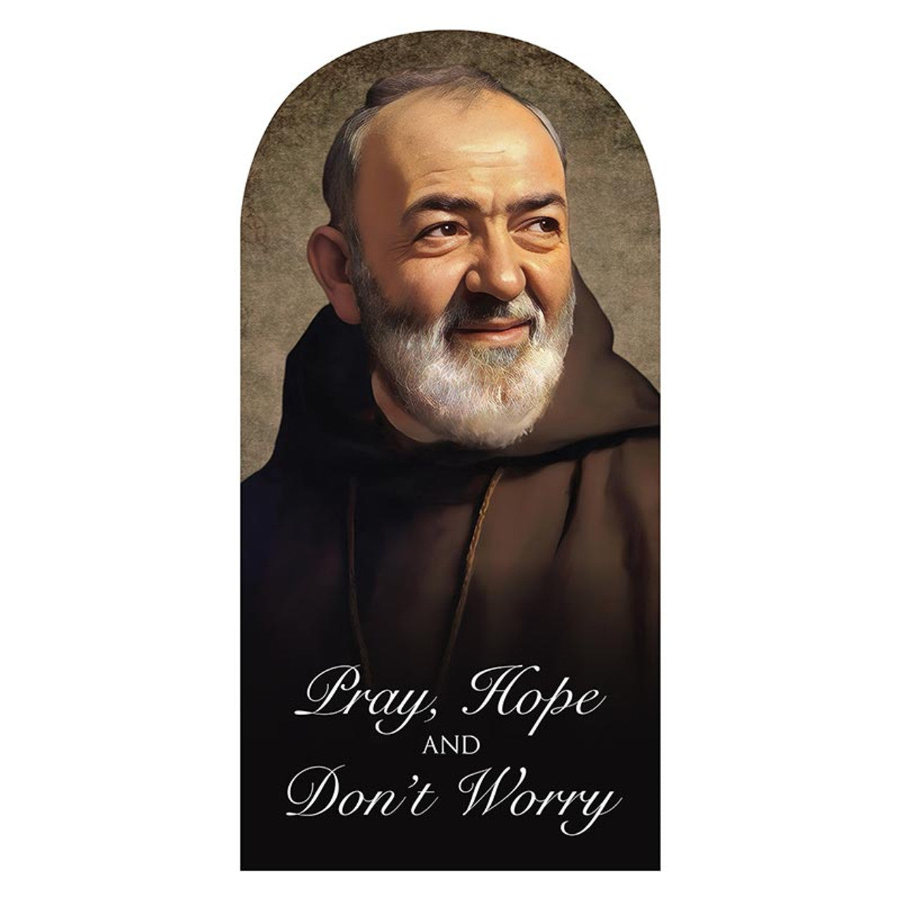 10" arched plaque of Saint Padre Pio with gentle smile and prayerful inscription on dark background