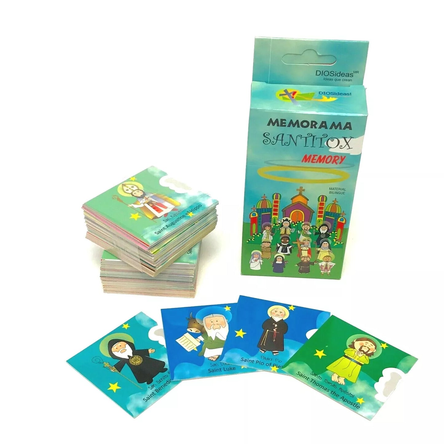 Santitox bilingual memory game box and cards featuring illustrated saints on colorful backgrounds for kids and catechists