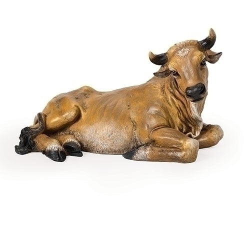 27" seated ox tabletop figurine hand-painted in warm tones, symbolizing strength for nativity scene display