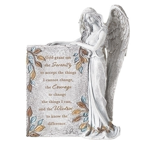 8-inch angel figure standing beside plaque inscribed with Serenity Prayer, featuring detailed wings and floral accents