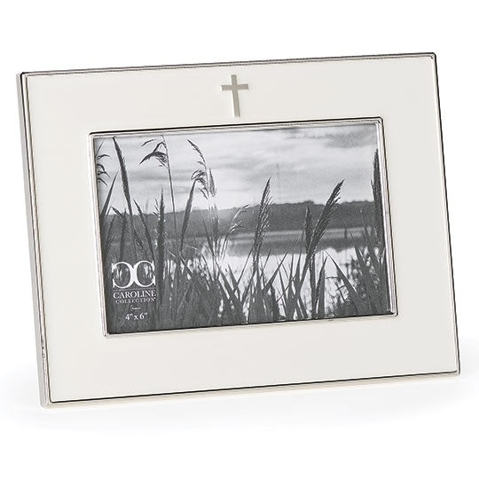 6 1/4" silver cross frame with white background, designed to hold a 4x6 photo for special keepsakes