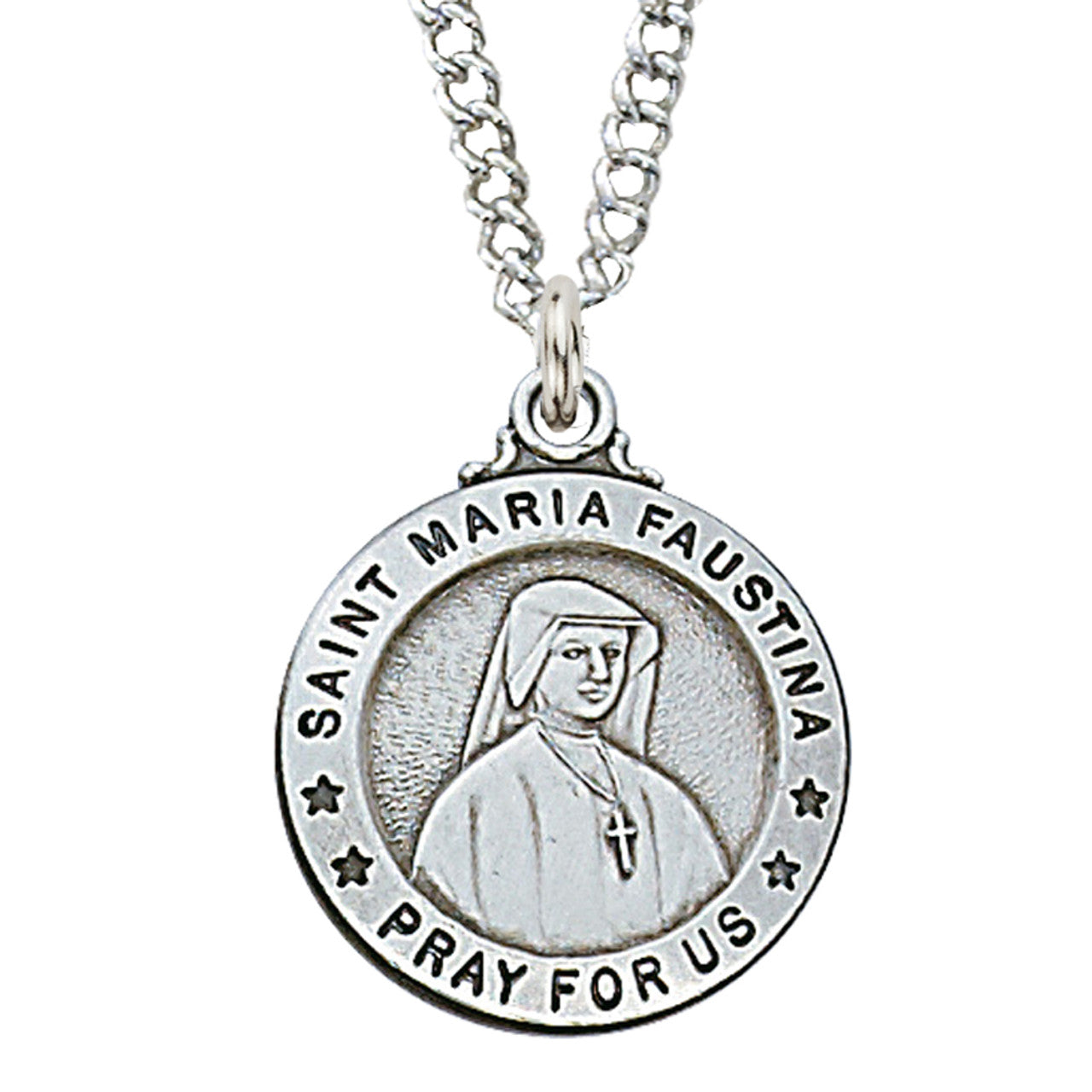 3/4 inch sterling silver Saint Maria Faustina medal necklace with chain featuring religious engraving and prayer inscription.