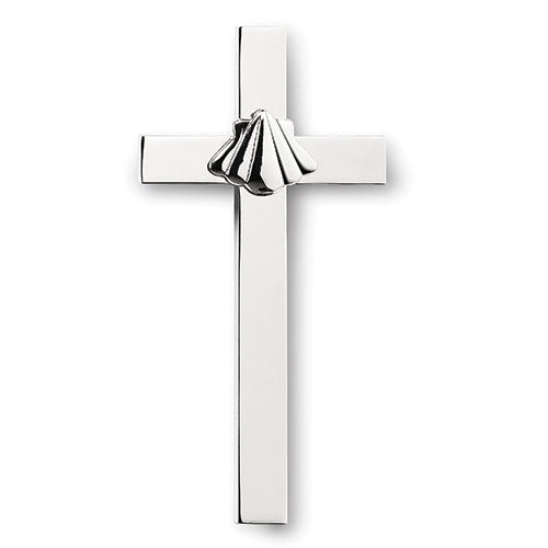 Silver baptism cross 4.75" high with polished finish and detailed shell symbolizing purity and new life