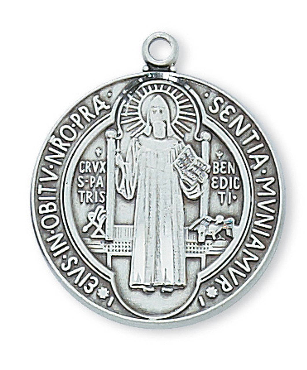 Sterling silver St. Benedict medal pendant with detailed engravings, 1 inch size, paired with 24-inch rhodium plated chain