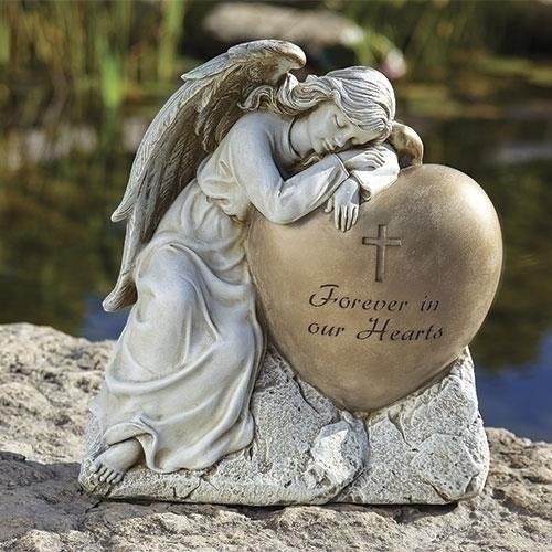 Sleeping Angel Over a Memorial Heart Garden Statue 12 1/4"
