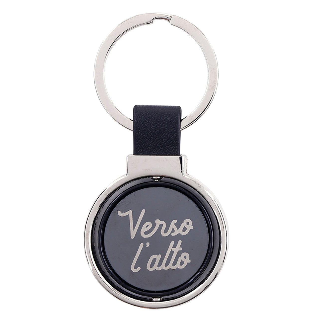 St. Pier Giorgio Frassati Verso l'Alto rotating keychain with silver-tone metal and black circular center design