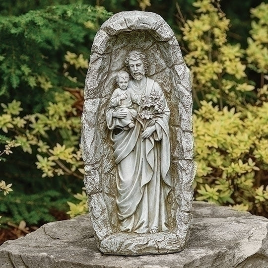 St. Joseph Outdoor Statue 18.75" tall with detailed resin and stone design, depicting St. Joseph holding child Jesus and lilies.
