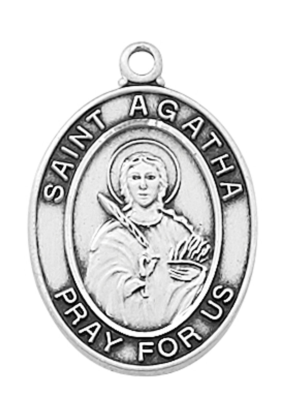 Sterling silver St. Agatha medal with detailed saint image and "Pray For Us" inscription, 1 inch oval pendant.