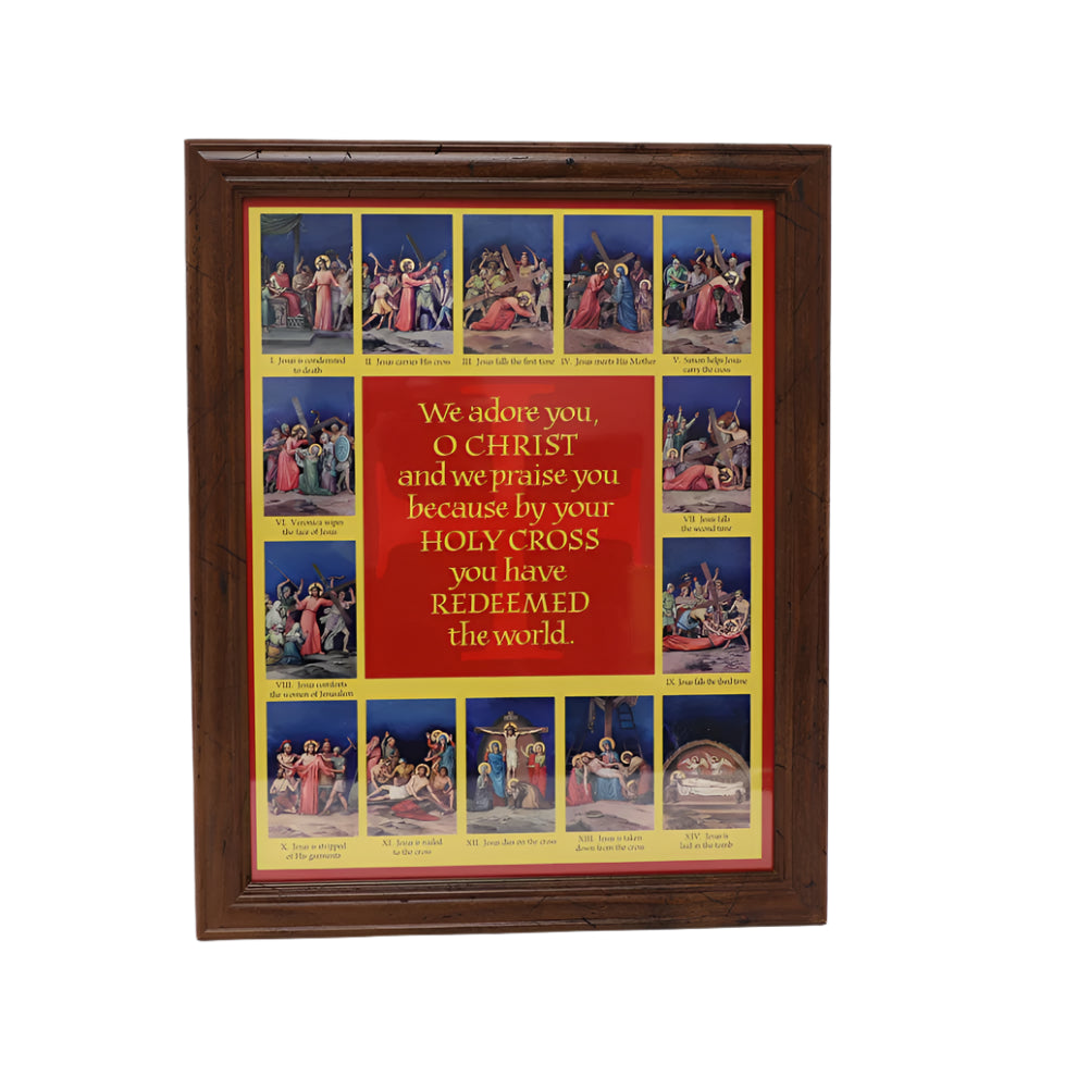 11 x 14" framed Stations of the Cross print with vivid illustrations and central devotional prayer in red and gold tones