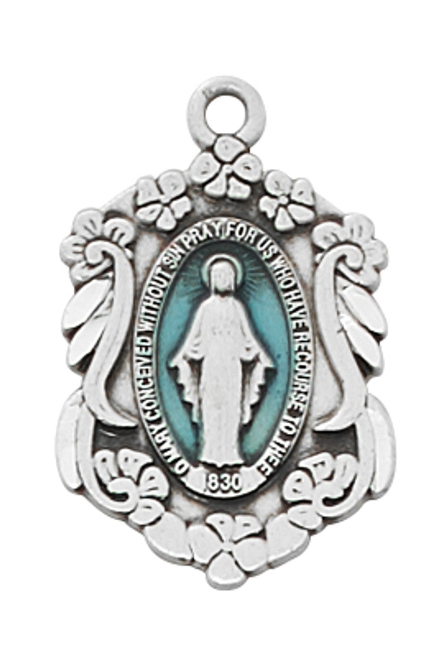 Sterling silver Our Lady of Guadalupe medal with blue enamel background and intricate floral border, petite 1/2 inch size