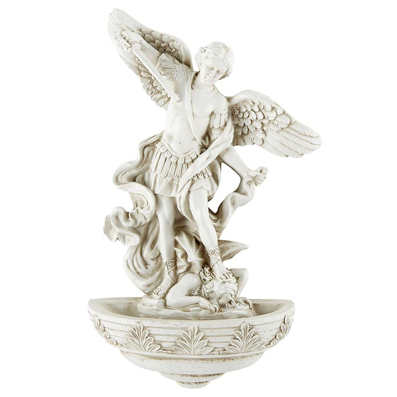 9" Stone finish St. Michael Archangel holy water font with detailed wings and decorative basin for wall display