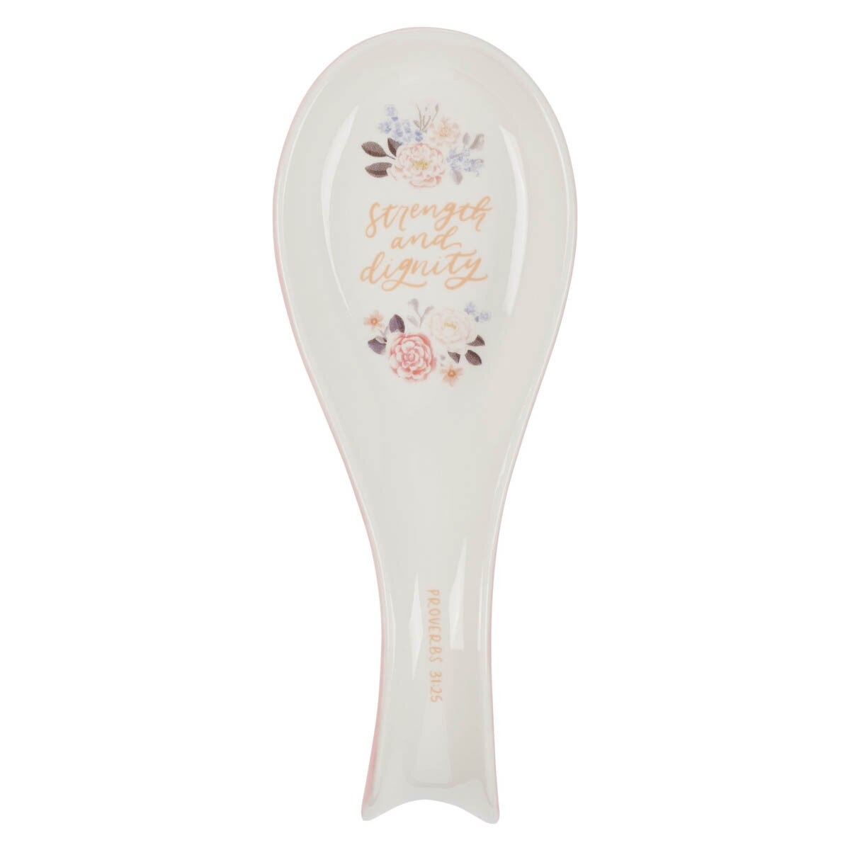 Ceramic spoon rest with pink floral design and Proverbs 31:25 "Strength and Dignity" gold script detail