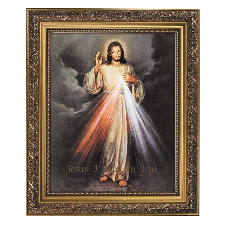 12 1/2" gold framed print of Divine Mercy image showing Jesus with red and white rays on dark background