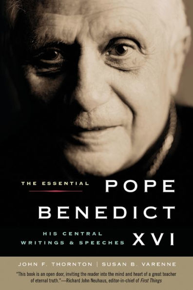Close-up black and white portrait of Pope Benedict XVI with title text of his essential writings and speeches book cover